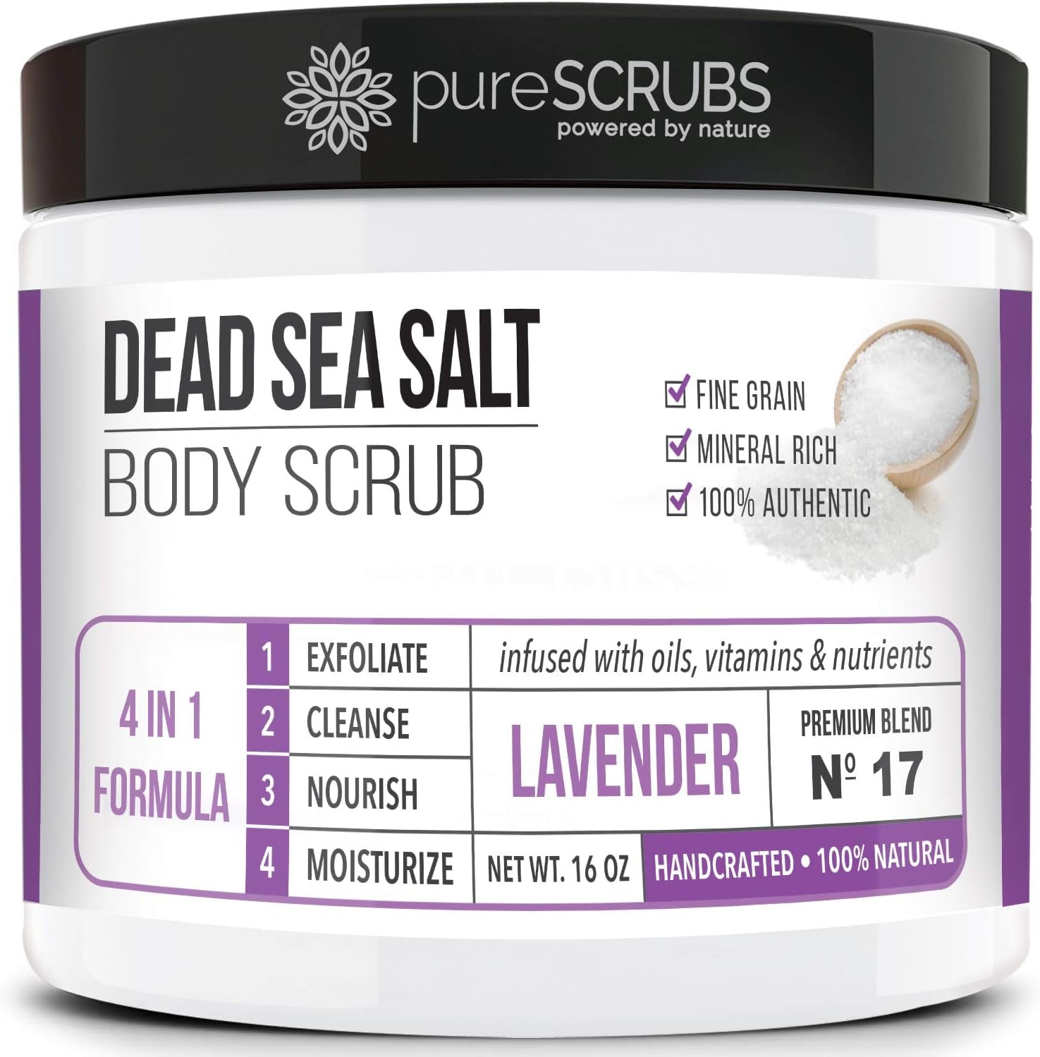 Premium Organic Body Scrub Set - Large 16Oz LAVENDER BODY SCRUB - Pure Dead Sea Salt Infused with Organic Essential Oils & Nutrients + FREE Wooden Spoon Loofah & Mini Organic Exfoliating Bar Soap