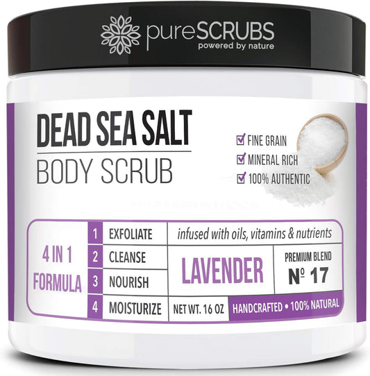 Premium Organic Body Scrub Set - Large 16Oz LAVENDER BODY SCRUB - Pure Dead Sea Salt Infused with Organic Essential Oils & Nutrients + FREE Wooden Spoon Loofah & Mini Organic Exfoliating Bar Soap