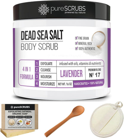 Premium Organic Body Scrub Set - Large 16Oz LAVENDER BODY SCRUB - Pure Dead Sea Salt Infused with Organic Essential Oils & Nutrients + FREE Wooden Spoon Loofah & Mini Organic Exfoliating Bar Soap